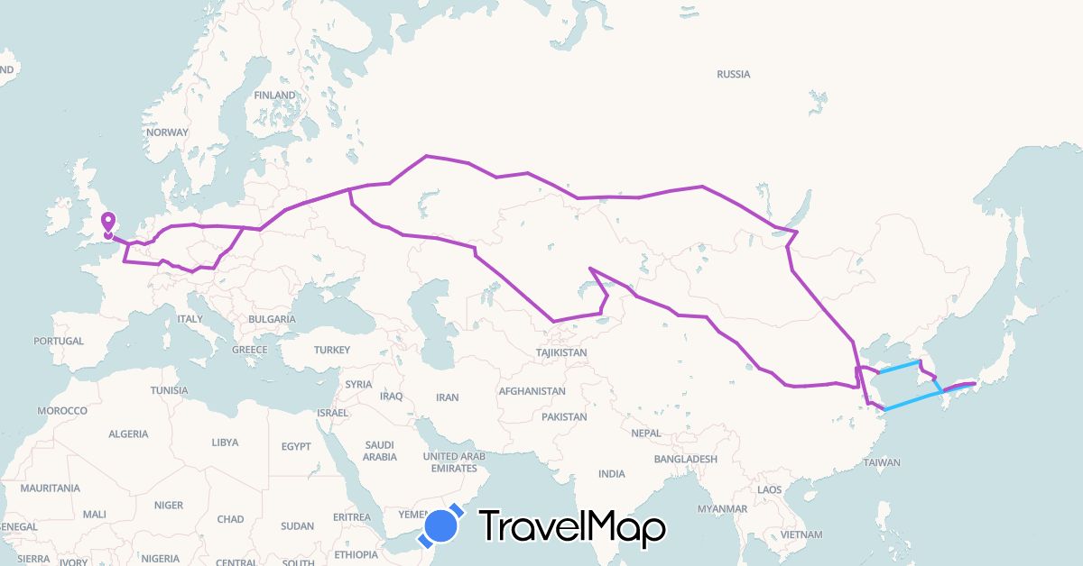 TravelMap itinerary: train, hiking, boat in Austria, Belgium, Belarus, China, Czech Republic, Germany, France, United Kingdom, Japan, South Korea, Kazakhstan, Mongolia, Poland, Russia (Asia, Europe)