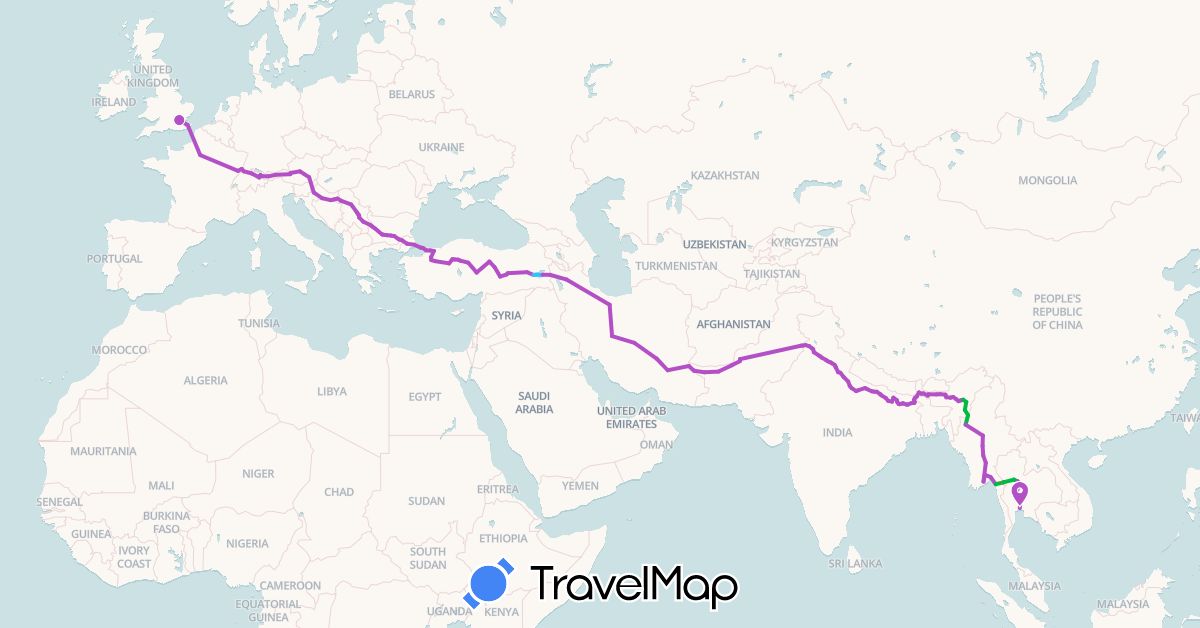 TravelMap itinerary: driving, bus, train, hiking, boat in Austria, Bulgaria, Switzerland, France, United Kingdom, Croatia, India, Iran, Myanmar (Burma), Pakistan, Serbia, Thailand, Turkey (Asia, Europe)